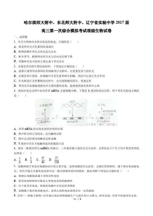 哈尔滨师大附中、东北师大附中、辽宁省实验中学2017届高三第一次综合模拟考试理综生物试卷(附答案与解析)
