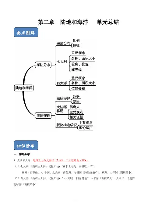 2020人教版七年级地理上册单元总结第二章：陆地和海洋(含解析)