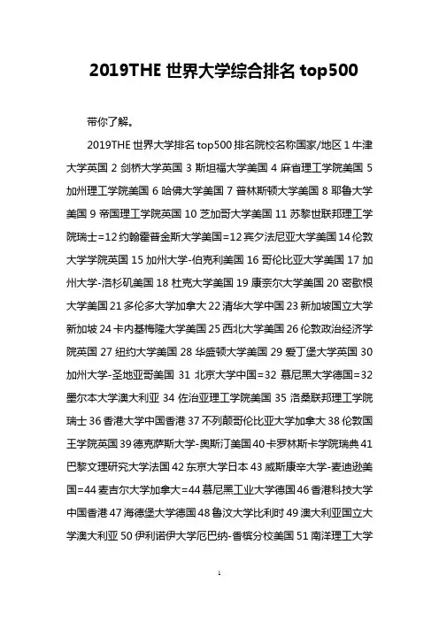 2019THE世界大学综合排名top500