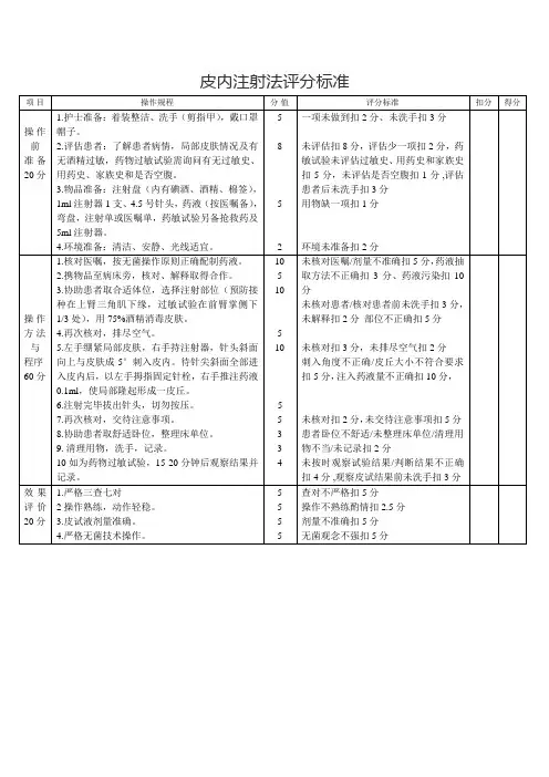 皮内注射法评分标准