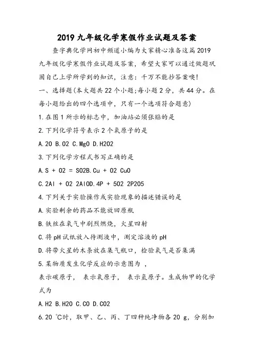 九年级化学寒假作业试题及答案