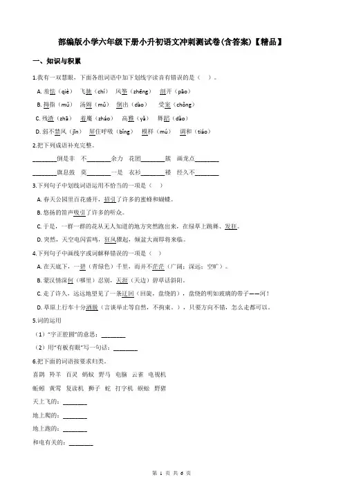 部编版小学六年级下册语文试题-小升初语文冲刺测试卷(含答案)【精品】