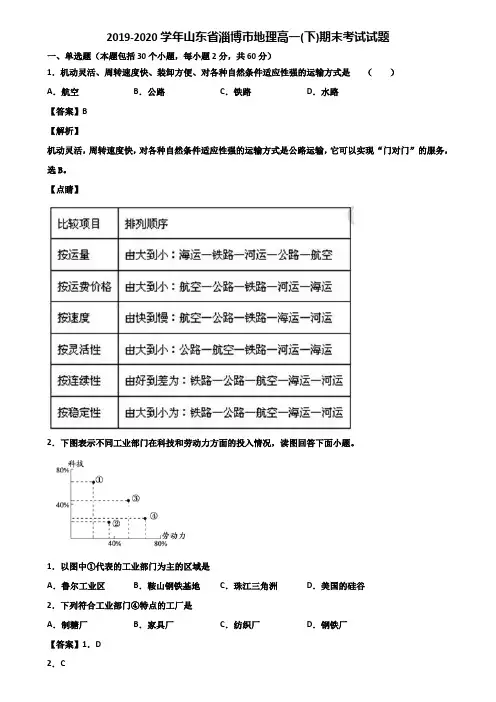 2019-2020学年山东省淄博市地理高一(下)期末考试试题含解析