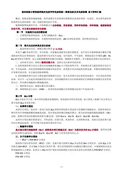 临床检验主管检验师临床免疫学和免疫检验—移植免疫及其免疫检测 复习资料汇编