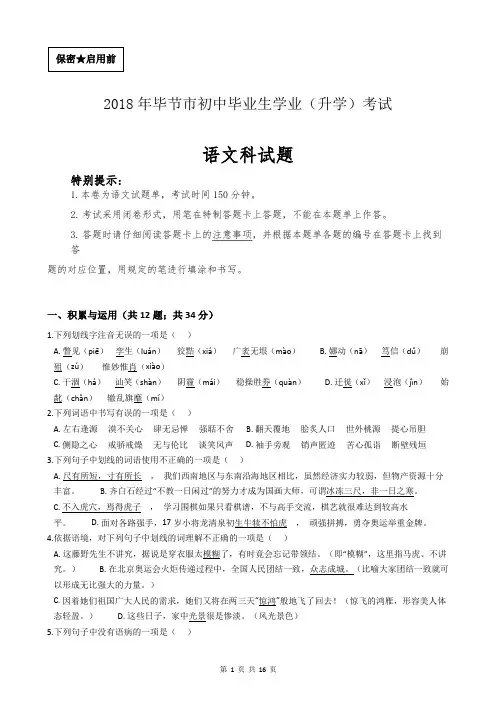2018年贵州省毕节市中考语文试卷(含答案及过程详解)