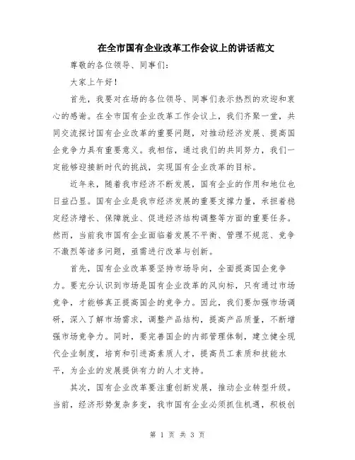 在全市国有企业改革工作会议上的讲话范文