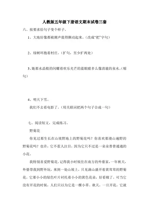 最新人教版五年级下册语文期末试卷三套