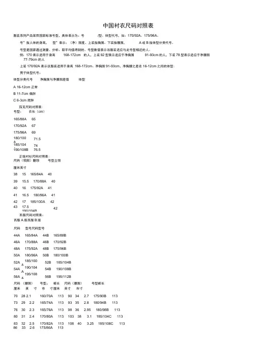 中国衬衣尺码对照表
