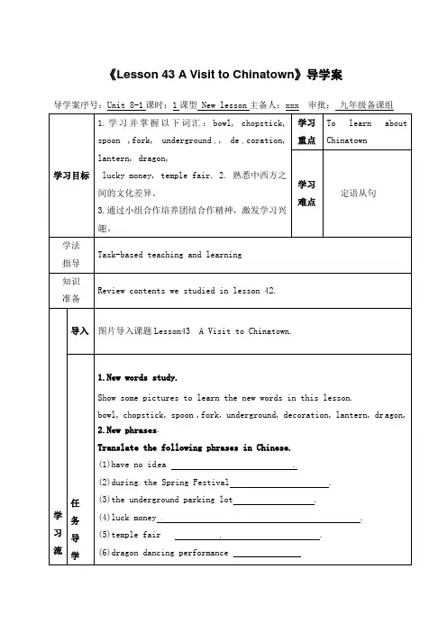 冀教版九年级英语全册Unit 8 Lesson 43-1 导学案