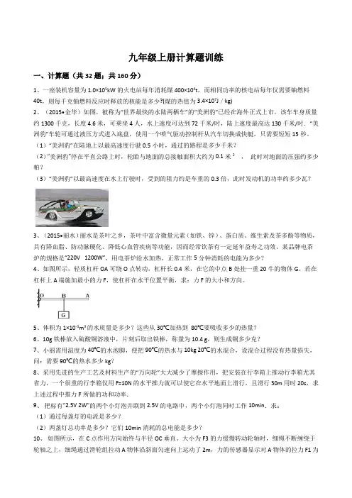 浙教版九年级上册科学计算题训练.doc