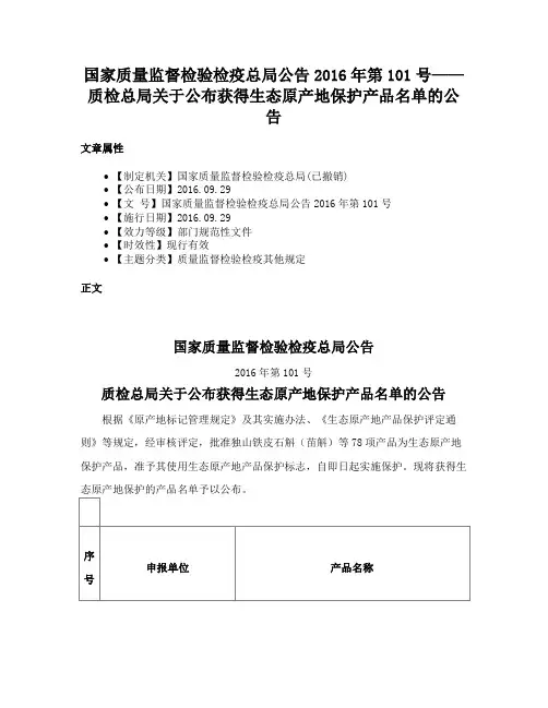 国家质量监督检验检疫总局公告2016年第101号——质检总局关于公布获得生态原产地保护产品名单的公告