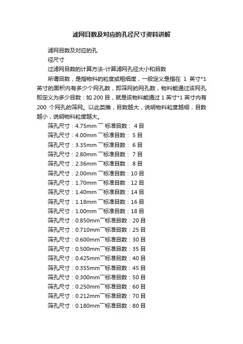 滤网目数及对应的孔径尺寸资料讲解