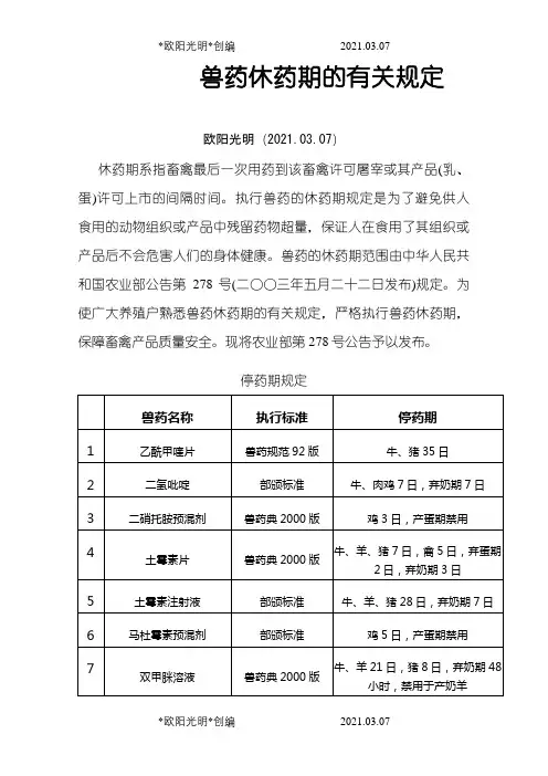 2021年兽药休药期的有关规定