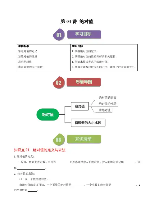 2024-2025学年初中数学七年级上册(人教版)同步讲练第04讲绝对值(原卷版)