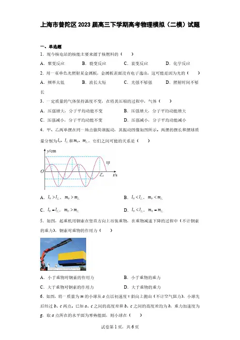 上海市普陀区2023届高三下学期高考物理模拟(二模)试题(原卷+解析)