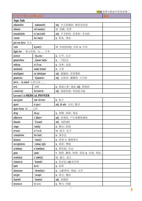 北师大2019新版高中英语必修二UNIT 6 THE ADMIRABLE 单词表