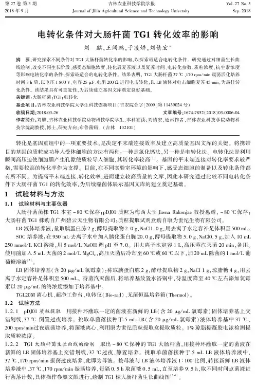 电转化条件对大肠杆菌TG1转化效率的影响