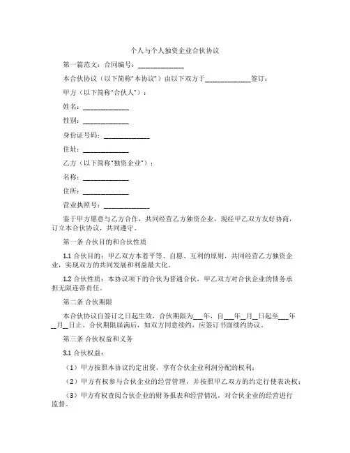 个人与个人独资企业合伙协议