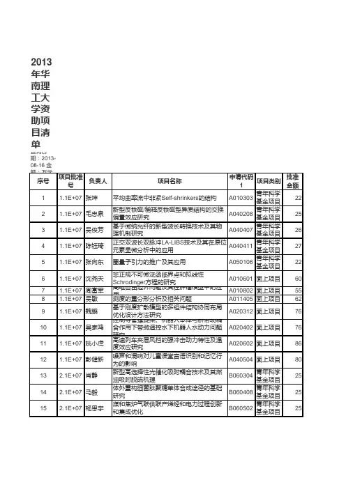 2013年华南理工大学自然科学国家基金