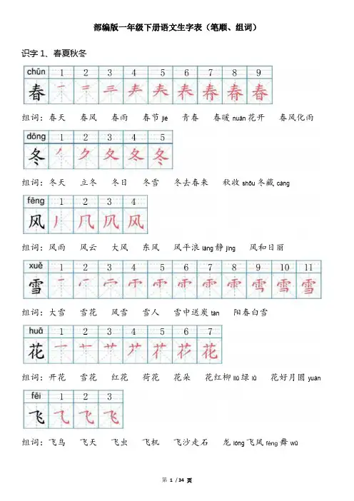 一年级下册语文生字笔顺组词(上)