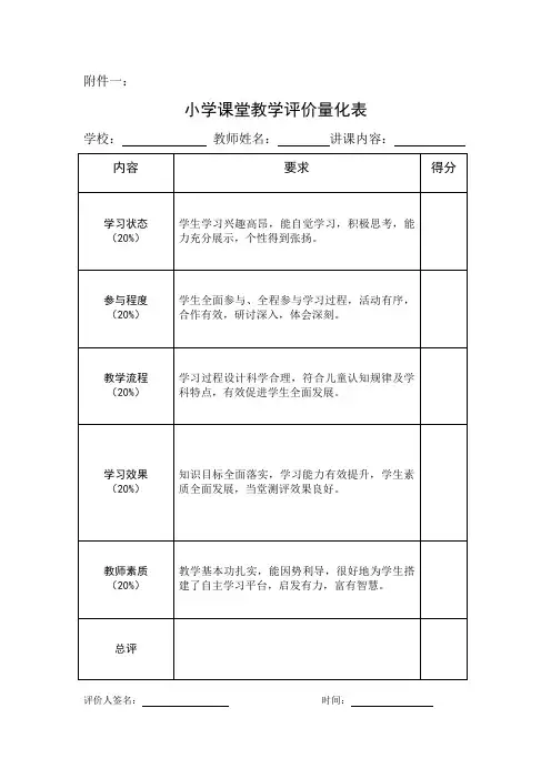小学课堂教学评价量化表