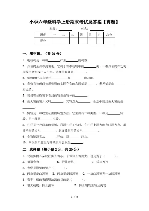 小学六年级科学上册期末考试及答案【真题】