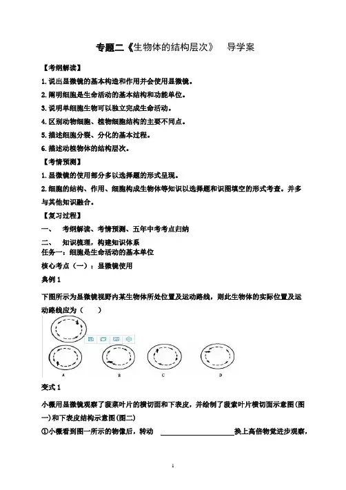 2021年人教版生物中考二轮复习-《生物体的结构层次》  导学案