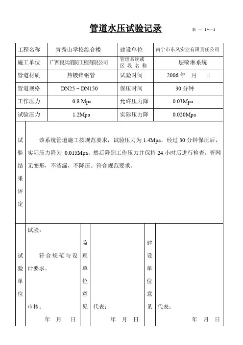 消防工程管道水压试验、清洗等记录