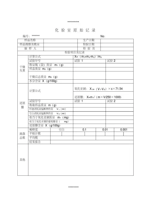 化验室检验记录表(表格模板、格式)