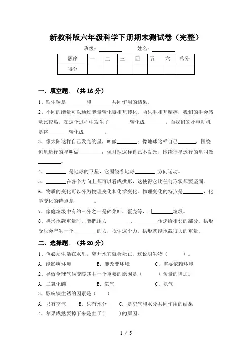 新教科版六年级科学下册期末测试卷(完整)