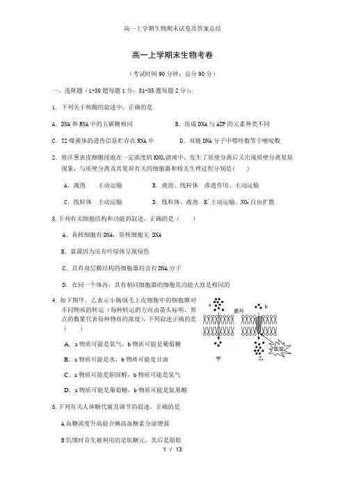 高一上学期生物期末试卷及答案总结