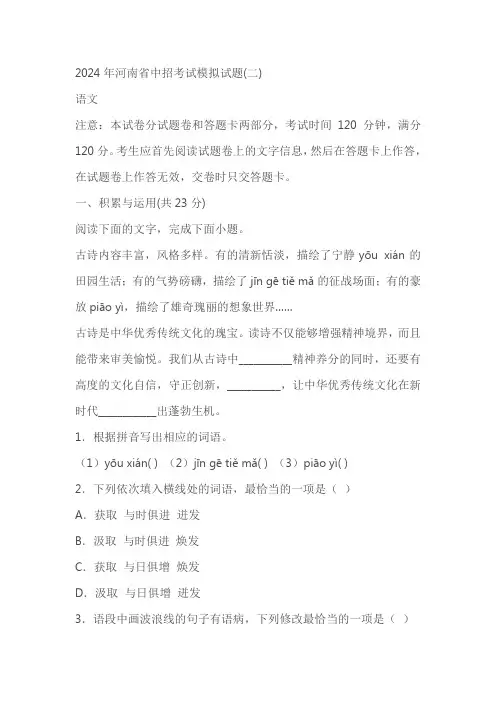 2024年河南省周口市沈丘县校联考中考二模语文试题(含解析)