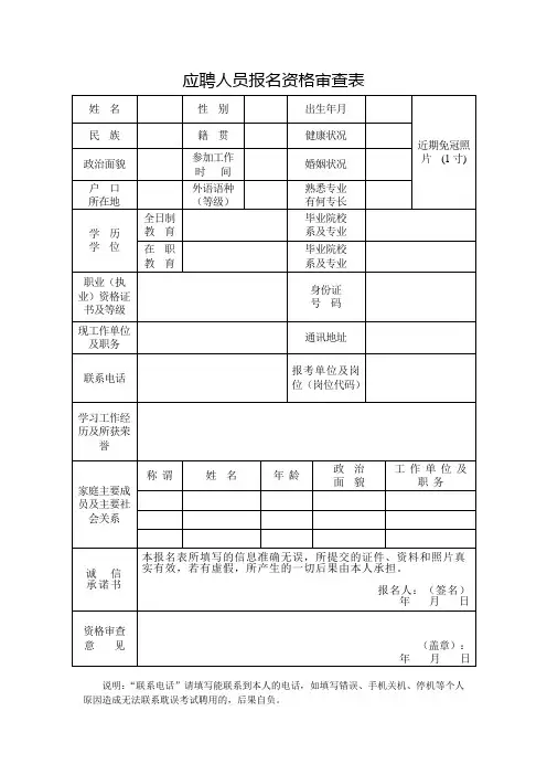 应聘人员报名资格审查表