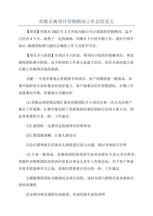 世联公寓项目营销顾问工作总结范文