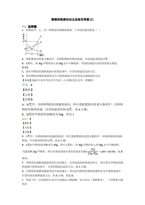 溶液的浓度知识点总结含答案(1)