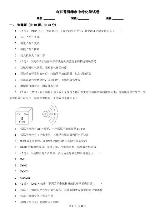 山东省菏泽市中考化学试卷