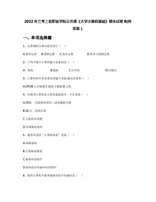 2022年兰考三农职业学院公共课《大学计算机基础》期末试卷B(有答案)
