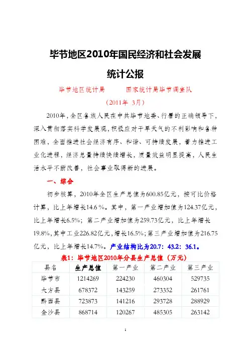 毕节地区2010年国民经济和社会发展统计公报