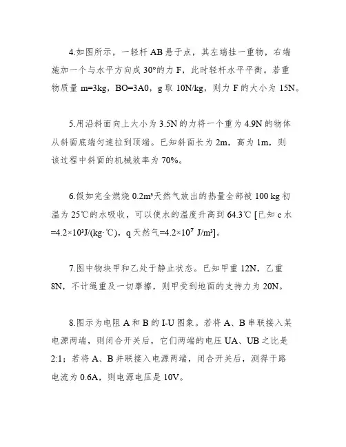 2019年安徽省中考物理试题(Word版含答案)