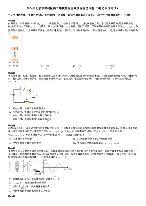 2024年北京市海淀区高三零模理综全真演练物理试题(3月适应性考试)