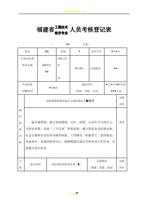 《福建省工程经济专业人员年度考核表》-样表