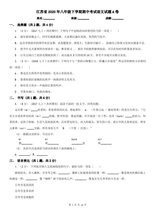 江苏省2020年八年级下学期期中考试语文试题A卷