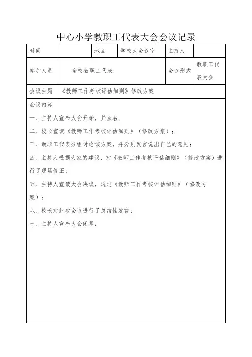 中心小学教职工代表大会会议记录-《教师工作考核评估细则》(修改方案)
