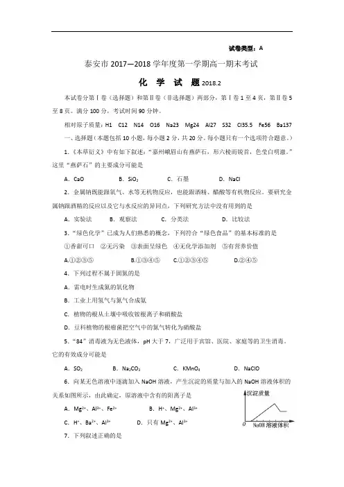 山东省泰安市高一上学期期末考试化学试题