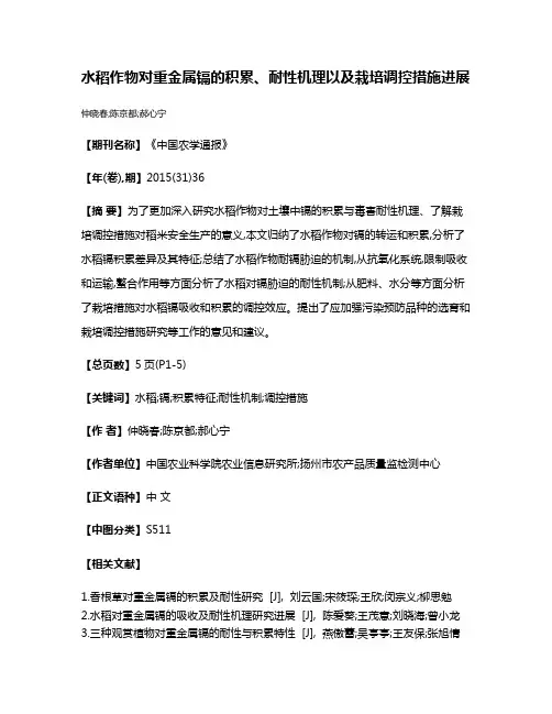 水稻作物对重金属镉的积累、耐性机理以及栽培调控措施进展