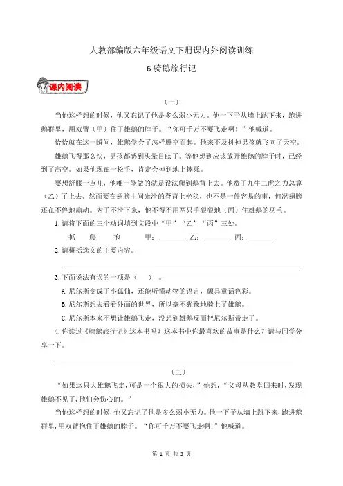 人教部编版六年级语文下册6.《骑鹅旅行记》课内外阅读训练(有答案)