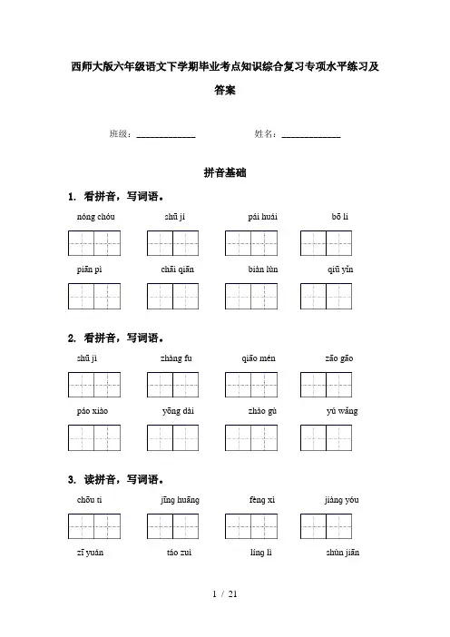 西师大版六年级语文下学期毕业考点知识综合复习专项水平练习及答案