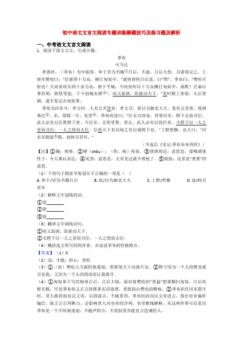 初中语文文言文阅读专题训练解题技巧及练习题及解析