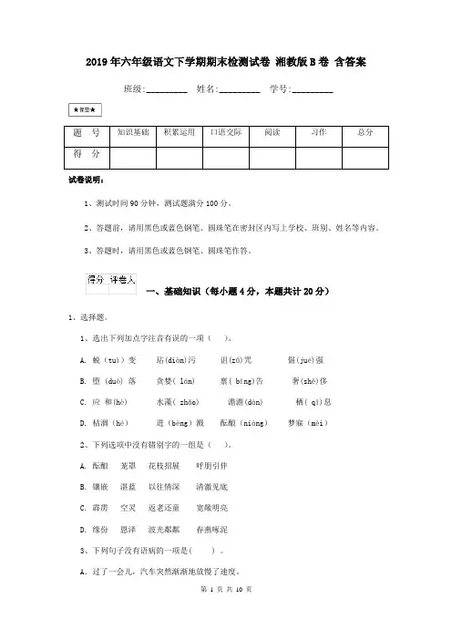 2019年六年级语文下学期期末检测试卷 湘教版B卷 含答案