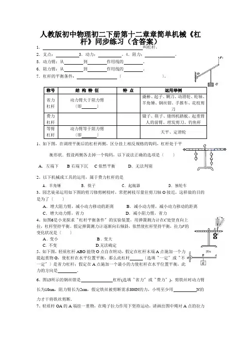 人教版初中物理初二下册第十二章章简单机械《杠杆》同步练习(含答案)